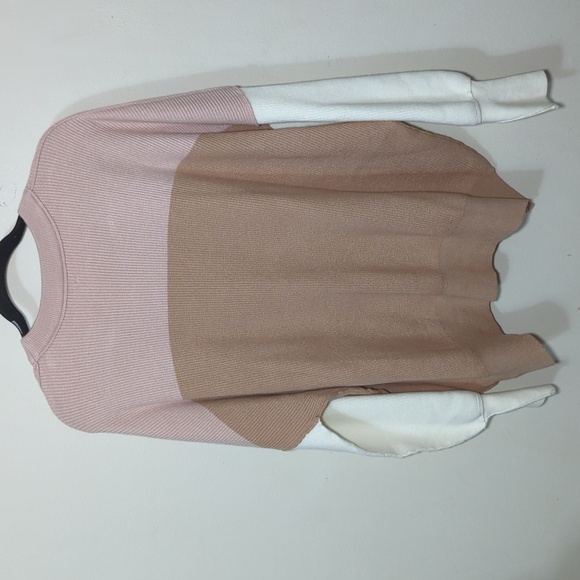 Colorblock Oversized Sweater Pink Ivory Tan Rib Knit Crewneck Women's Size L - Picture 5 of 5